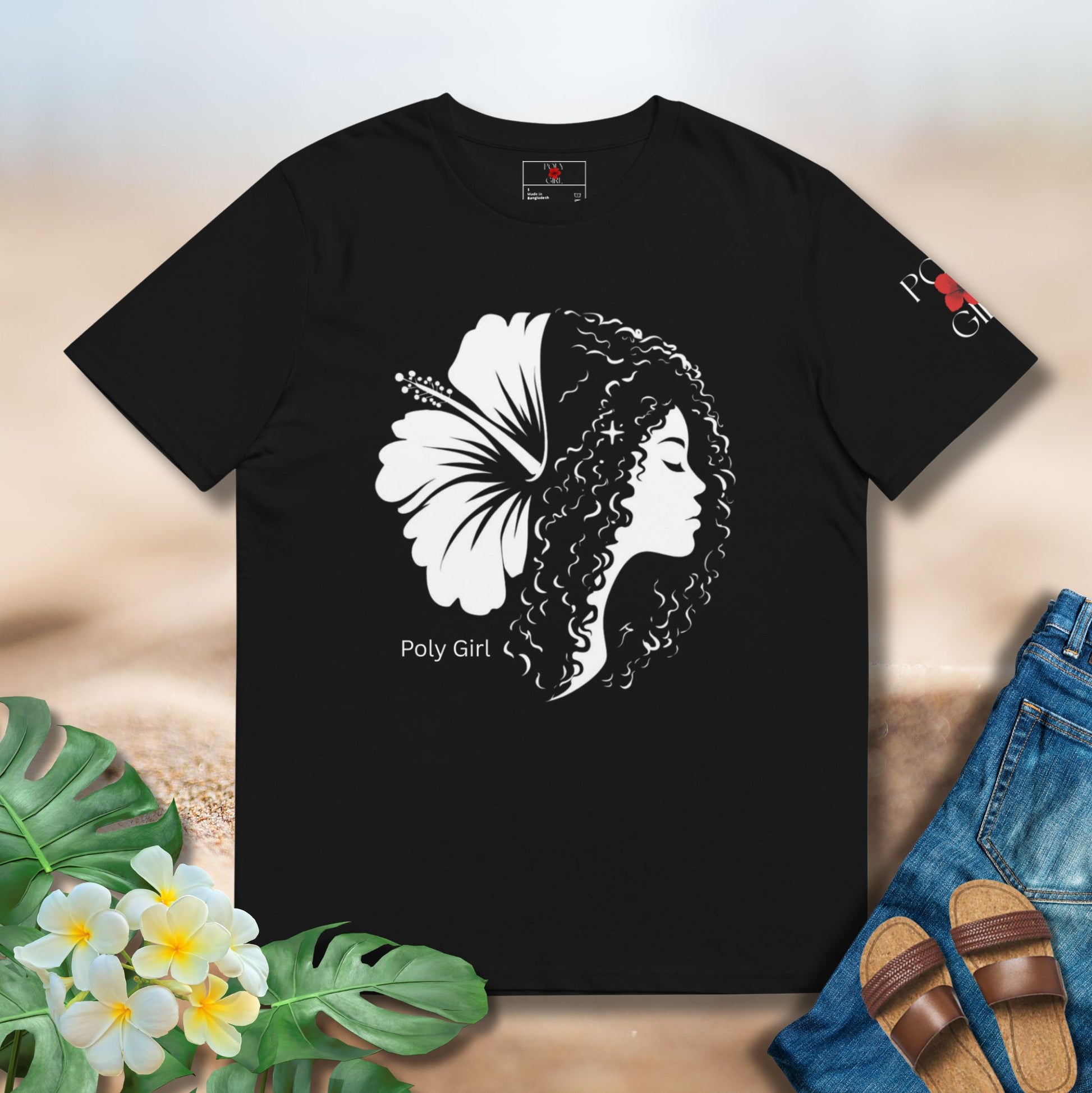 Black tee with white hibiscus and Polynesian woman silhouette design