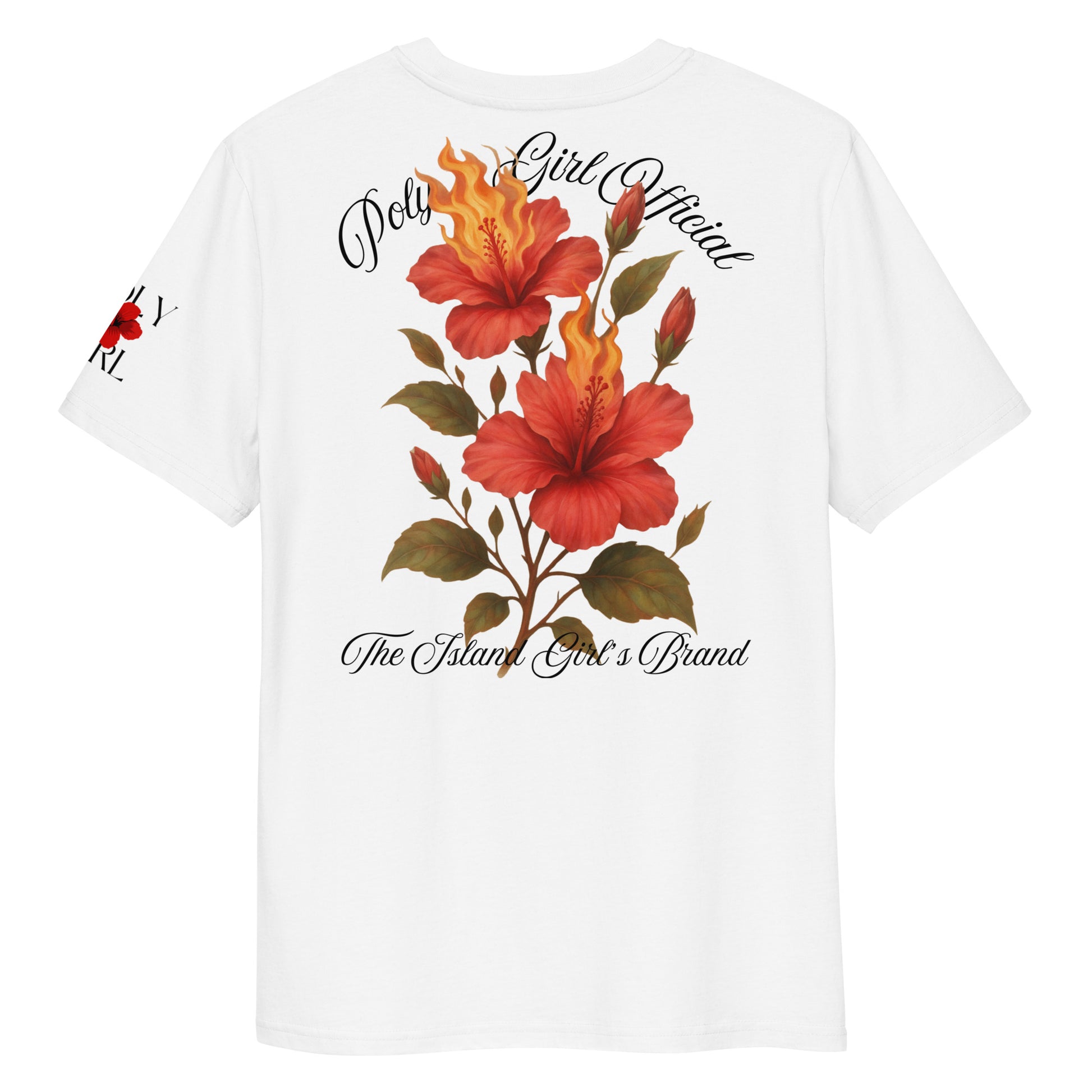 Detailed hibiscus flowers with flame tips and lush green leaves on premium cotton shirt.