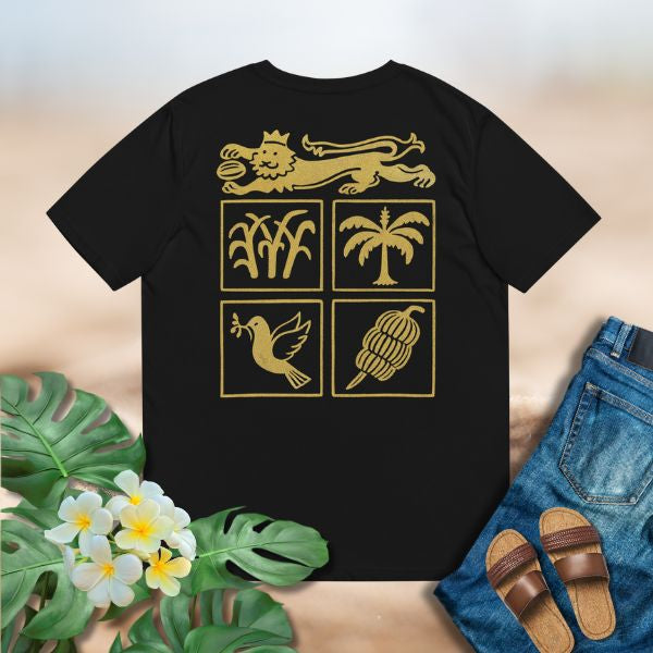 Poly Girl Fiji Seal Gold Tee in gold print on black fabric.