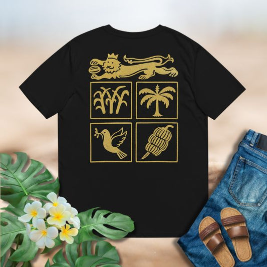 Poly Girl Fiji Seal Gold Tee in gold print on black fabric.
