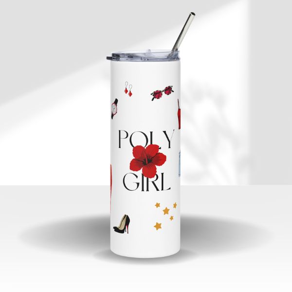 Close-up of the Fit Check Tumbler by Poly Girl showing fashion-themed graphics and glossy finish.