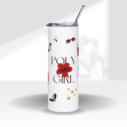 Close-up of the Fit Check Tumbler by Poly Girl showing fashion-themed graphics and glossy finish.
