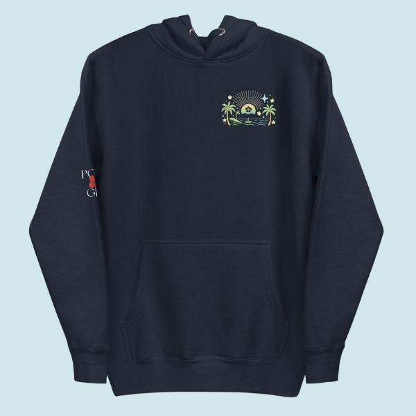 Navy Poly Girl hoodie with Pacific-inspired dawn illustration on front