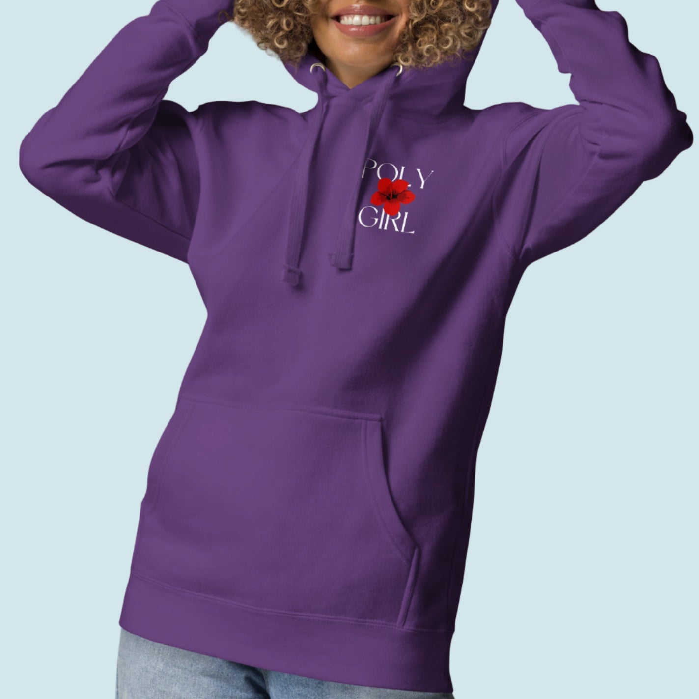 front of poly-girl-tropical-floral-hoodie with poly girl logo 