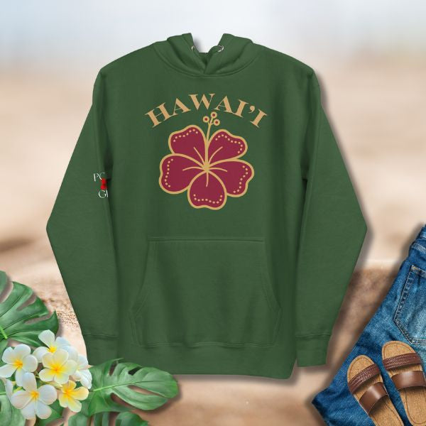 Green hoodie showcasing the Hawai‘i Hibiscus floral design 