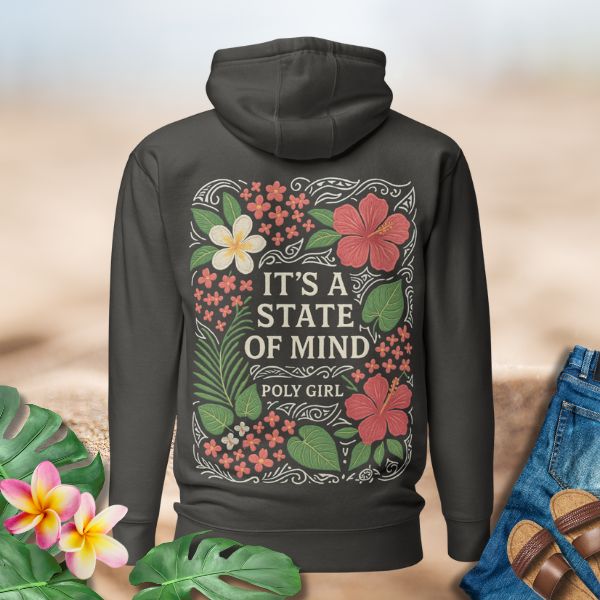 Island-style hoodie design with Poly Girl logo, vibrant florals, and Pacific Island tribal lines for a tropical aesthetic.