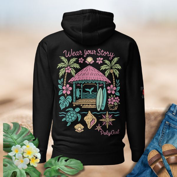 Colorful island graphic hoodie featuring a fale, ocean details, and tropical plants by Poly Girl, The Island Girl's Brand. 