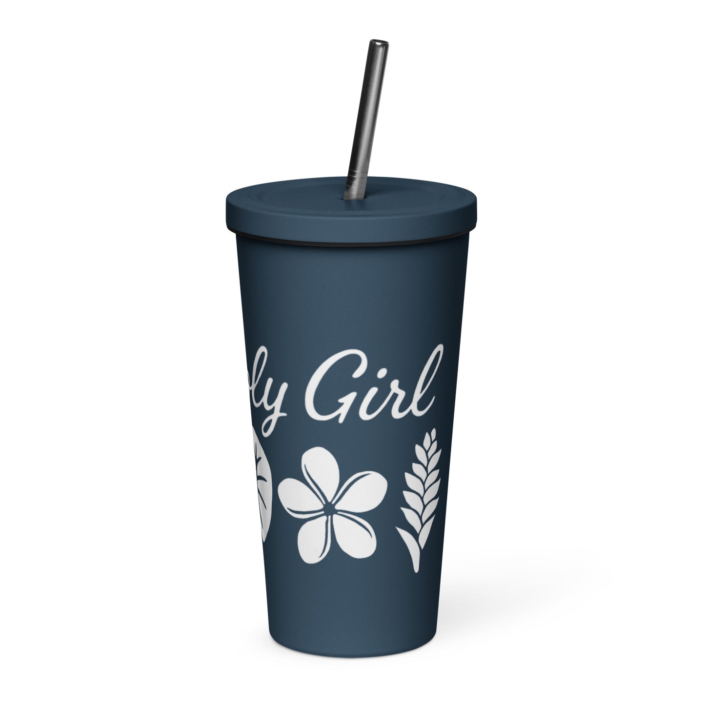 Poly Girl tumbler with bold floral and geometric island pattern