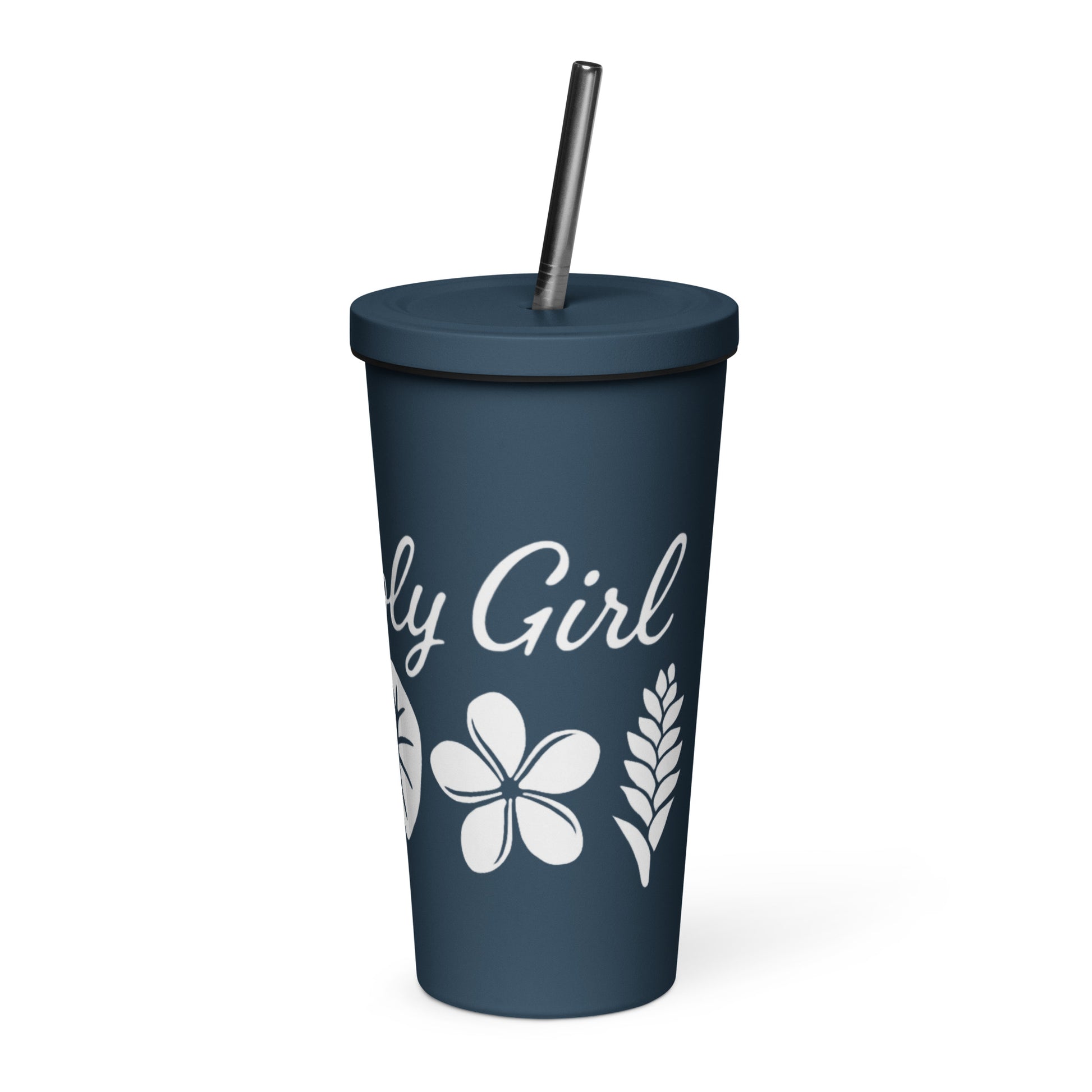 Poly Girl tumbler with bold floral and geometric island pattern