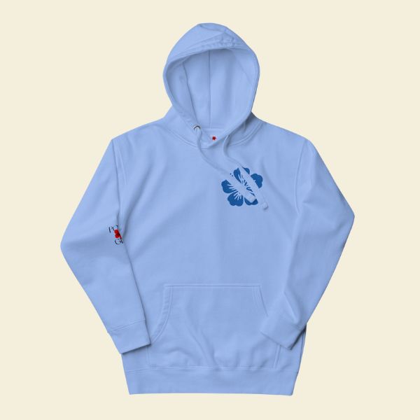 Front view of the Island Lace Hoodie with blue hibiscus on front chest and Poly Girl logo on right sleeve. 