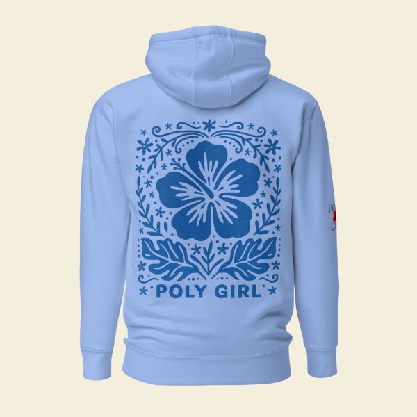 Poly Girl’s Island Lace Hoodie in light blue with a central hibiscus and decorative island lace artwork.