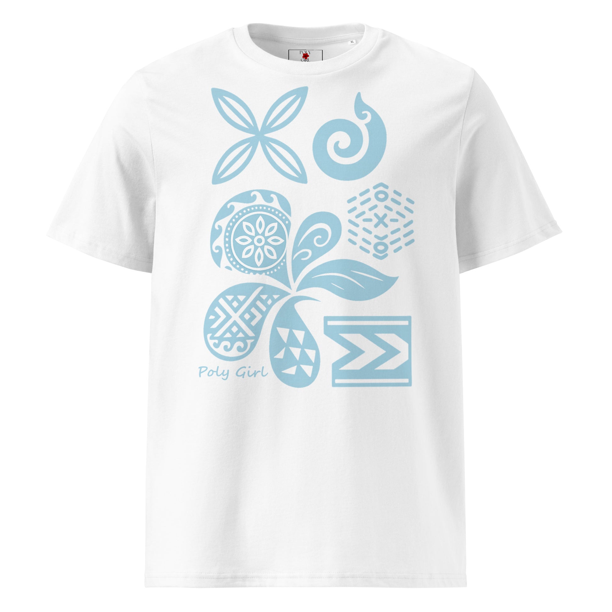 Front view of Island Motif Tee with blue Polynesian patterns 