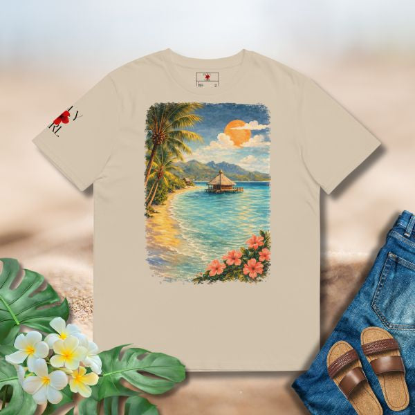 Painterly island illustration tee featuring palm trees, lagoon water, and subtle floral details