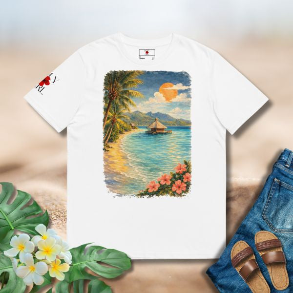 White t-shirt with a tropical beach design on a wooden surface with flowers and sandals.