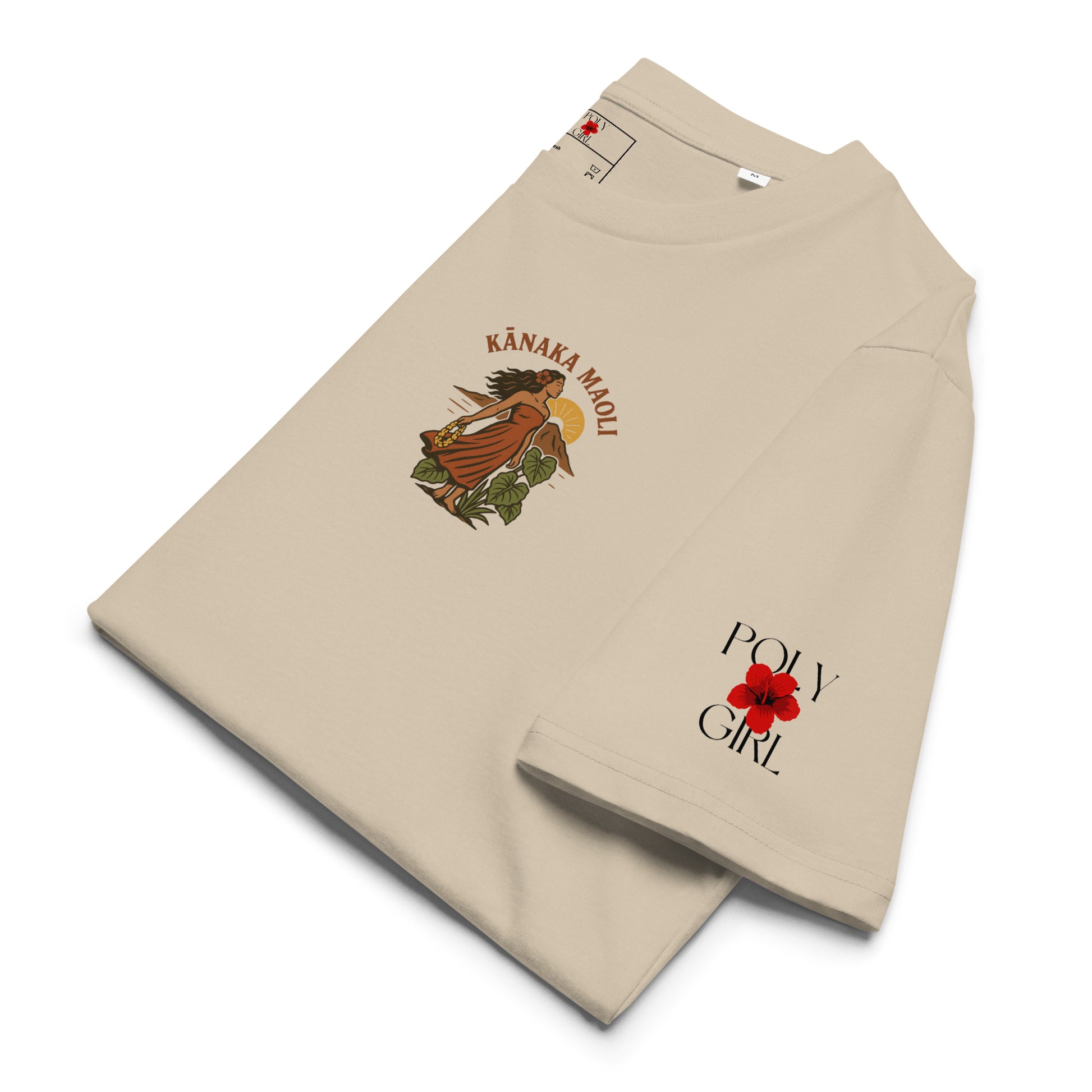Side view of Kānaka Maoli Rising Tee showing Poly Girl logo on sleeve