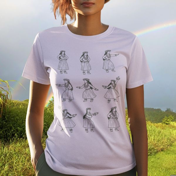 Lavender t-shirt with nine elegant black line art hula kahiko dancers, celebrating Hawaiian tradition and artistry, by Poly Girl.