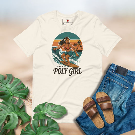 Retro graphic of Polynesian surfer girl riding a wave with palm trees and sunset background. For Hawaii local girl. 