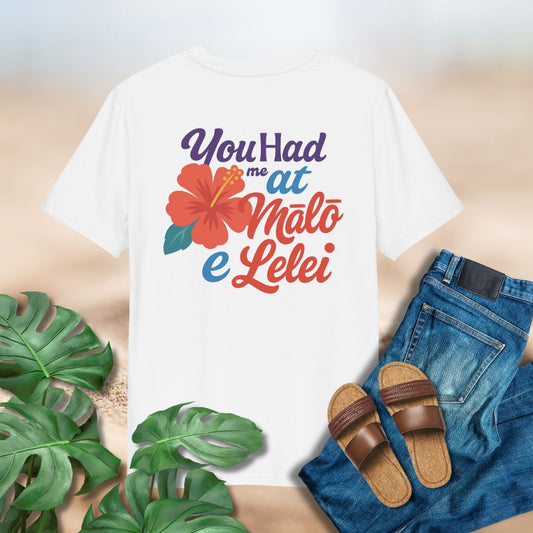 Tongan greeting Malo e lelei design on back of white tshirt