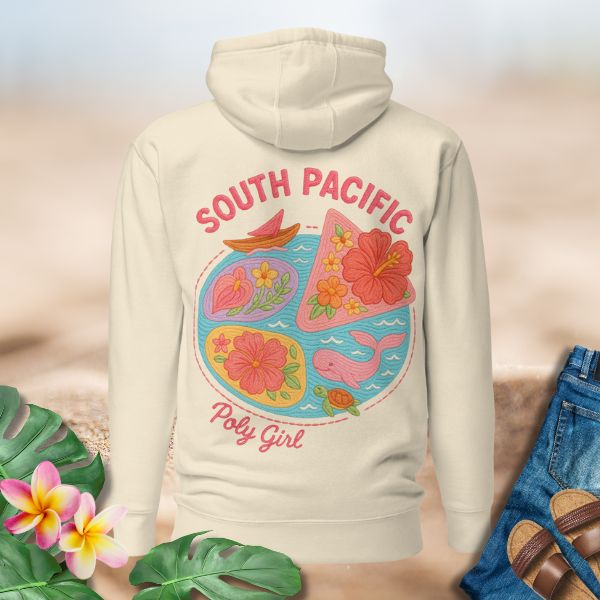 Beige hoodie with 'South Pacific Poly Girl' design on a neutral background