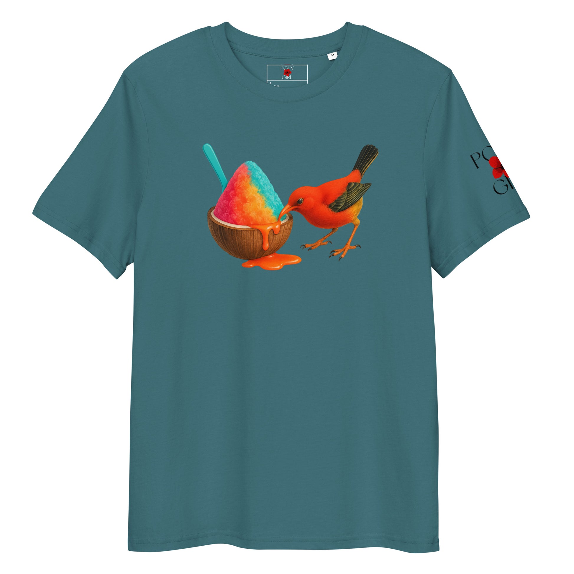 Teal t-shirt front view to show ʻIʻiwi bird and tropical shave ice print