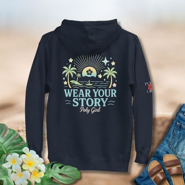 Navy Blue Poly Girl Pacific Dawn Hoodie with sunrise and island ocean graphic