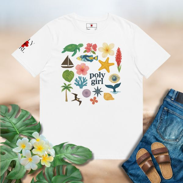 Island-inspired graphic tee featuring vibrant tropical symbols representing confidence, peace, and the paradise-mindset of the modern Poly Girl.