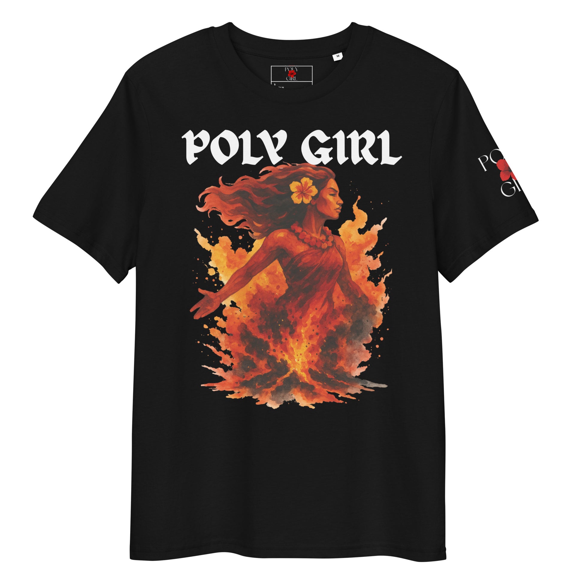 Organic cotton t-shirt with Pele Fire Goddess artwork, celebrating passion and strength