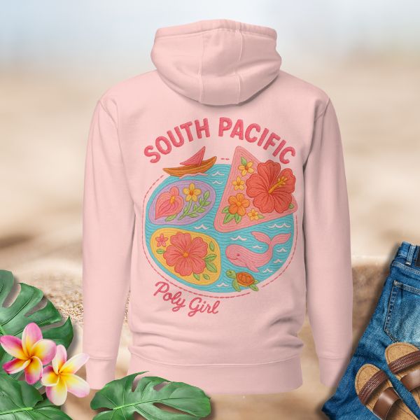 South Pacific Hoodie featuring embroidered tropical islands and flowers by Poly Girl