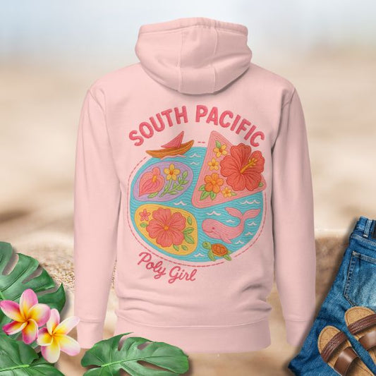 South Pacific Hoodie featuring embroidered tropical islands and flowers by Poly Girl