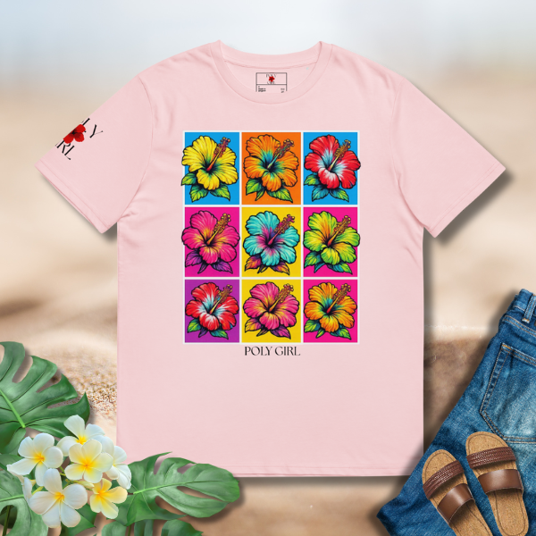 Portrait of a Hibiscus tee  in pink featuring a grid of colorful hibiscus flowers in a pop-art inspired layout
