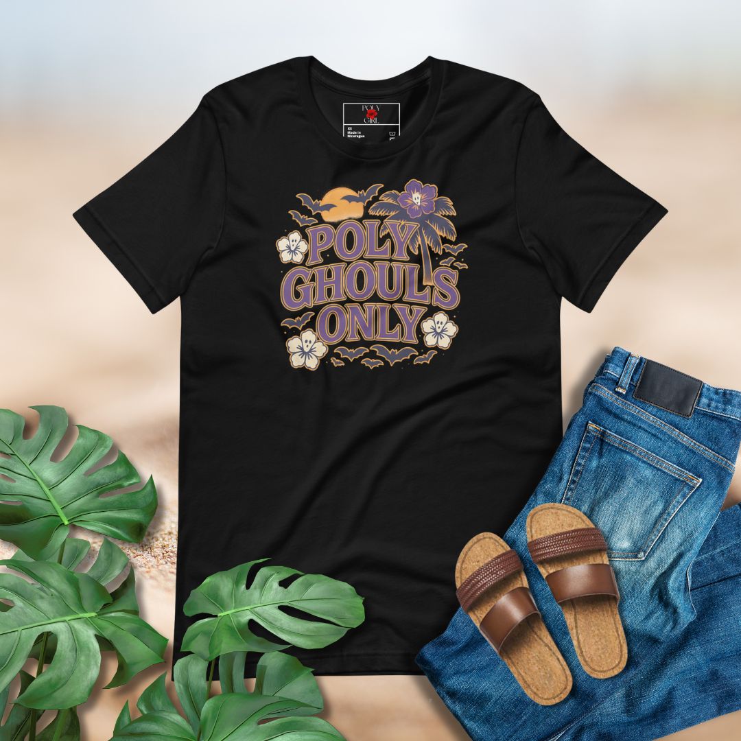 Poly Ghouls Only tee with neon-style lettering, ghost hibiscus flowers, bats, and tropical moon design