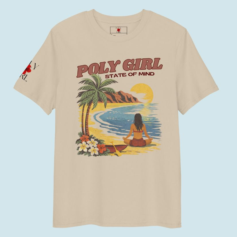 Poly Girl Meditative State of Mind graphic featuring serene island sunset and mindful woman
