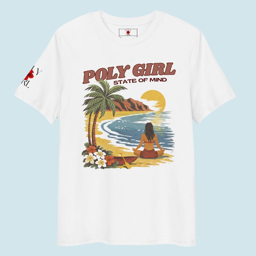 Vintage-style beach meditation illustration with coconut tree and ocean on organic Poly Girl tee
