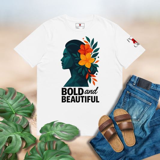 Island-inspired Bold and Beautiful tee featuring hibiscus artwork and empowering text
