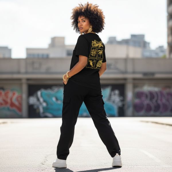 Model wearing Gold Fijian seal tee symbolizing heritage, pride, and confidence.