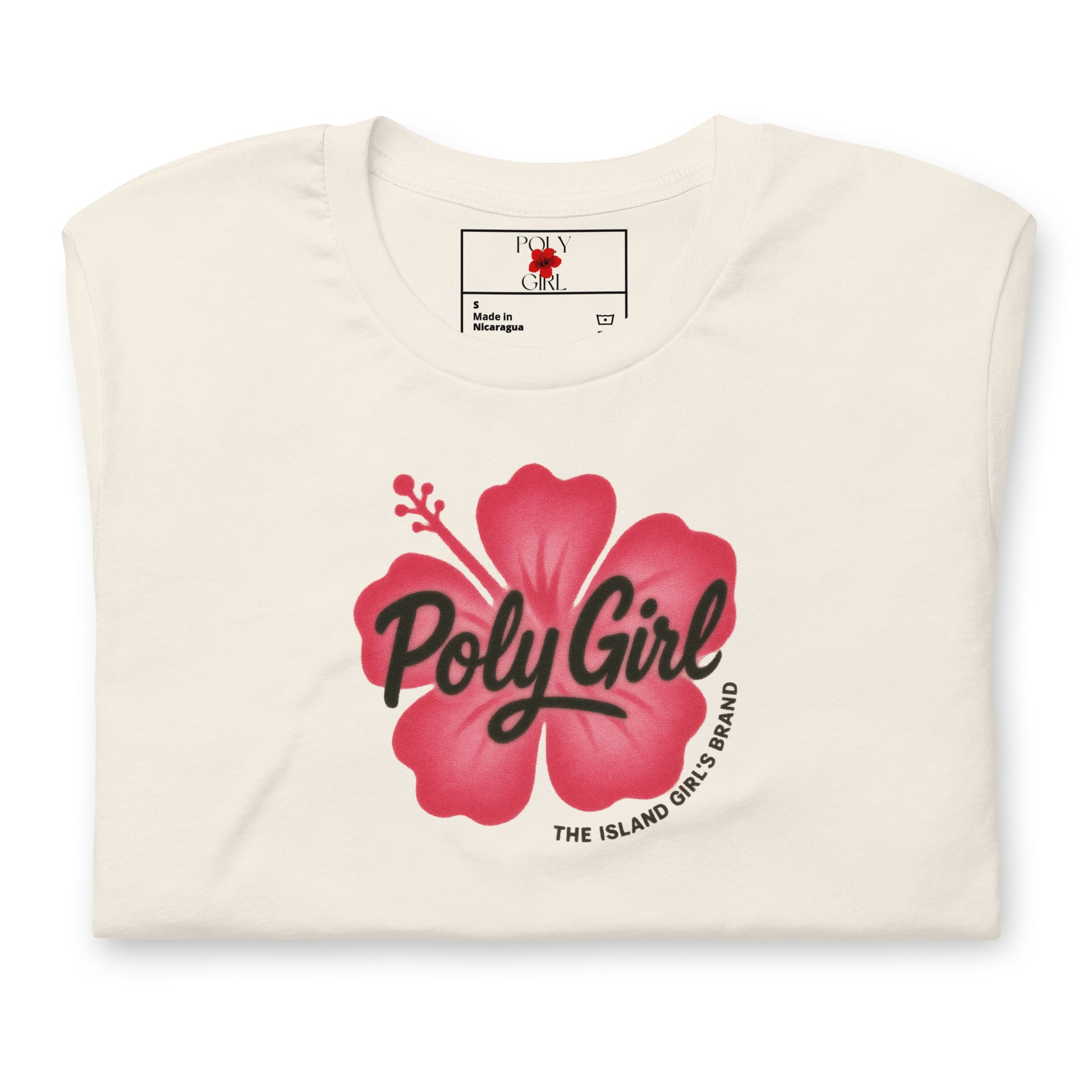 Spray paint hibiscus flower tee with Poly Girl text