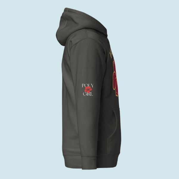 poly-girl-hawaii-hibiscus-hoodie with Poly Girl logo on sleeve