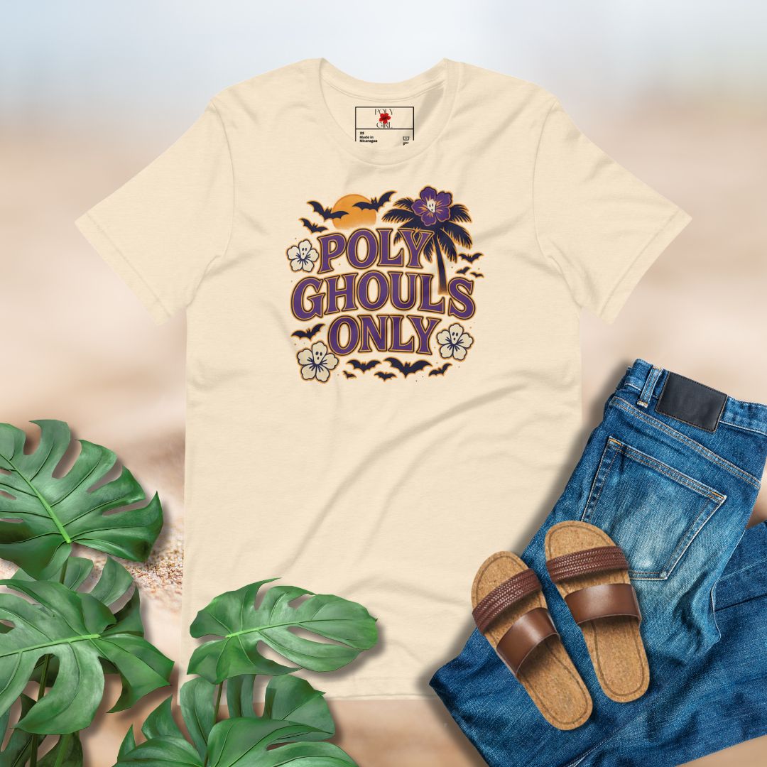 Halloween-inspired Poly Girl shirt with purple and orange glow, hibiscus ghosts, and palm tree