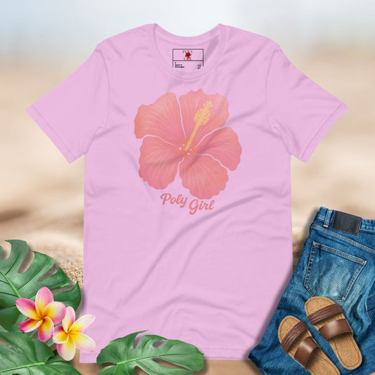 Hibiscus flower shirt with bold island-inspired Poly Girl print