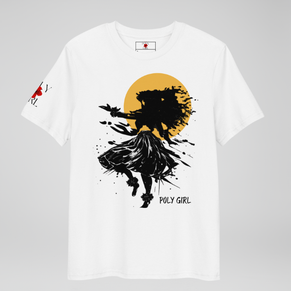 Modern Poly Girl graphic tee with abstract silhouette celebrating strength and motion