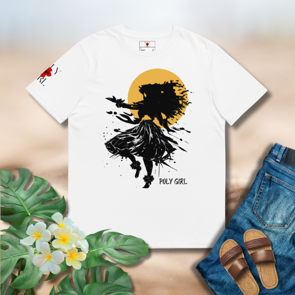 Poly Girl In Motion tee with expressive silhouette artwork representing movement, energy, and confidence.