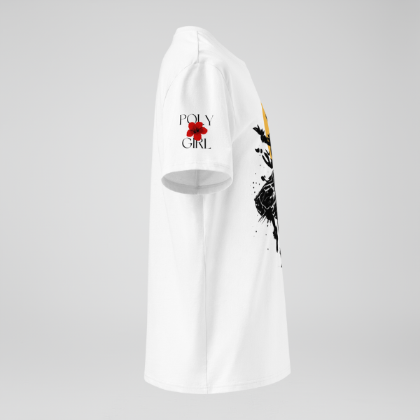 Modern Poly Girl graphic tee in white with logo on right sleeve.