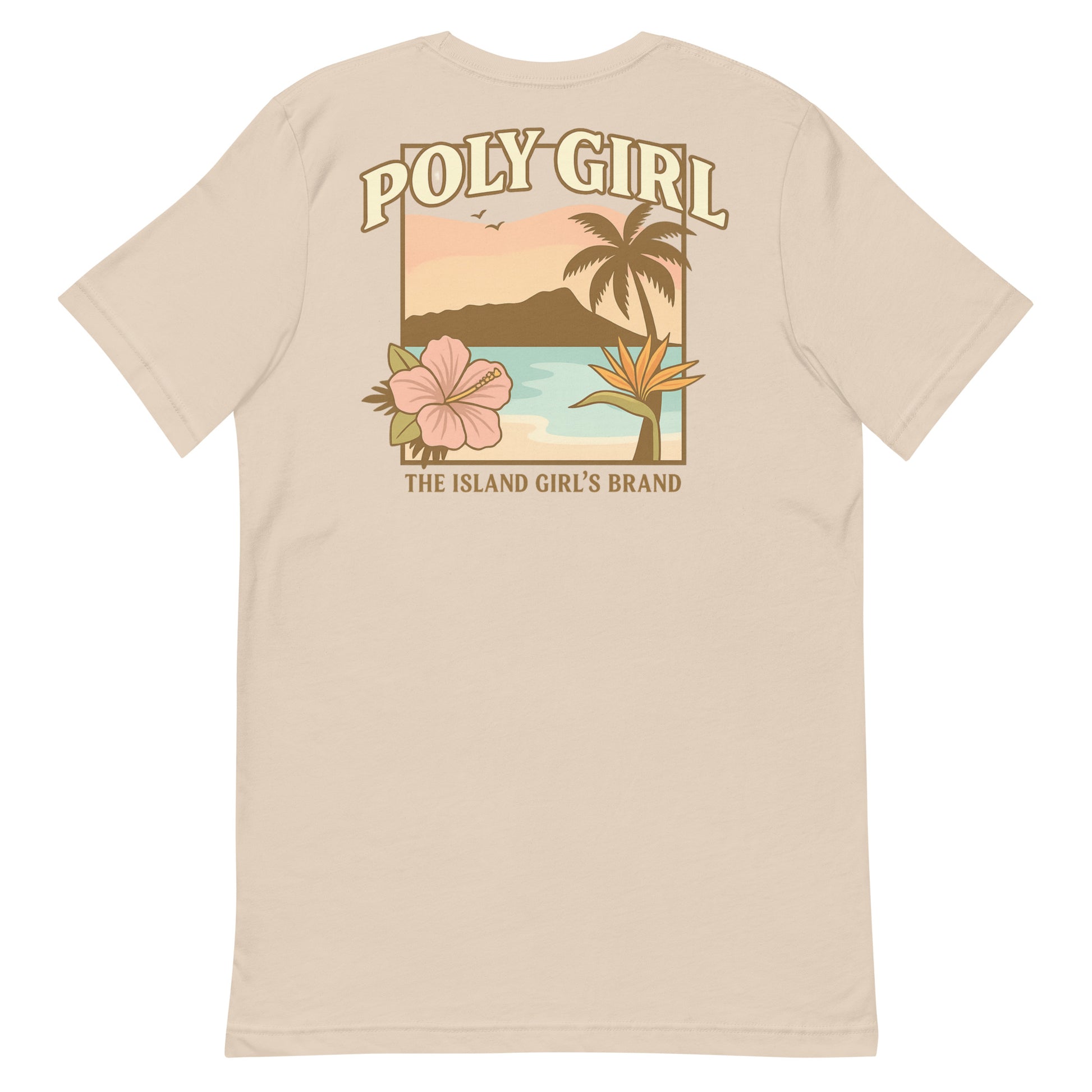 Back view of beige Poly Girl t-shirt with tropical sunset, palm trees, hibiscus, and bird of paradise design.