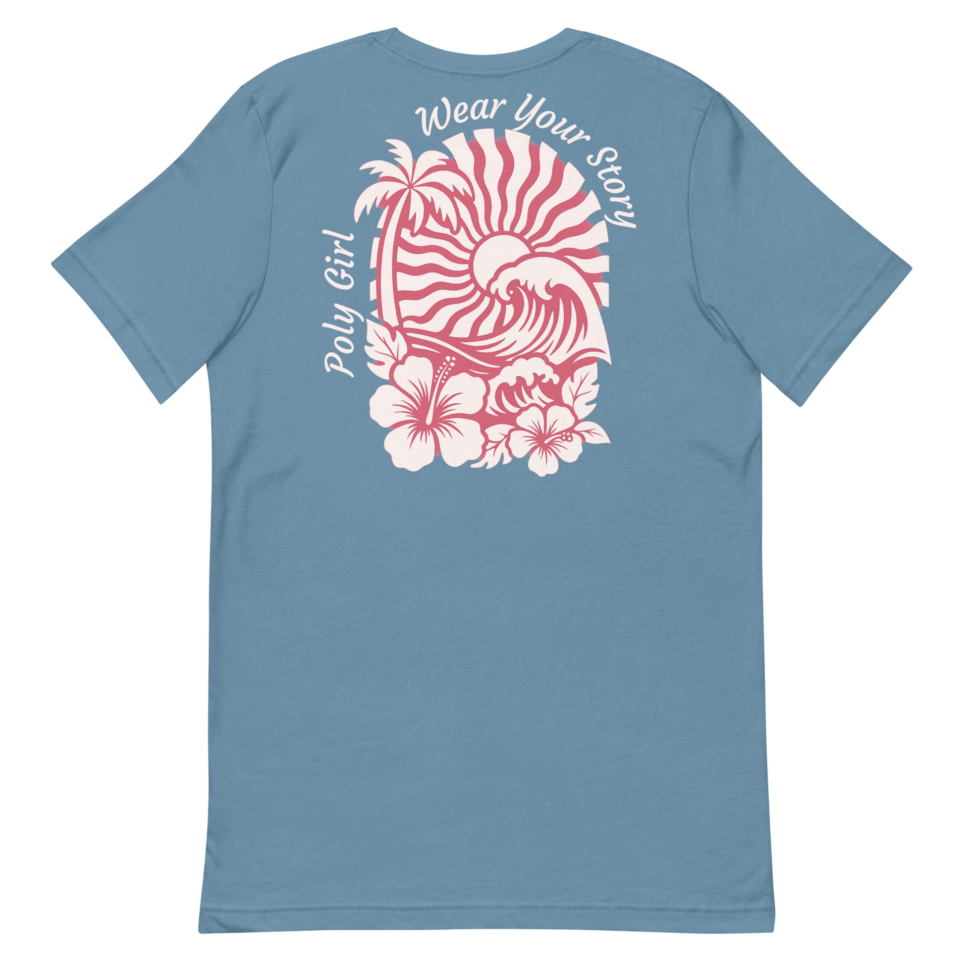 Back of blue Poly Girl t-shirt with hibiscus, palm tree, and wave design in pink and white