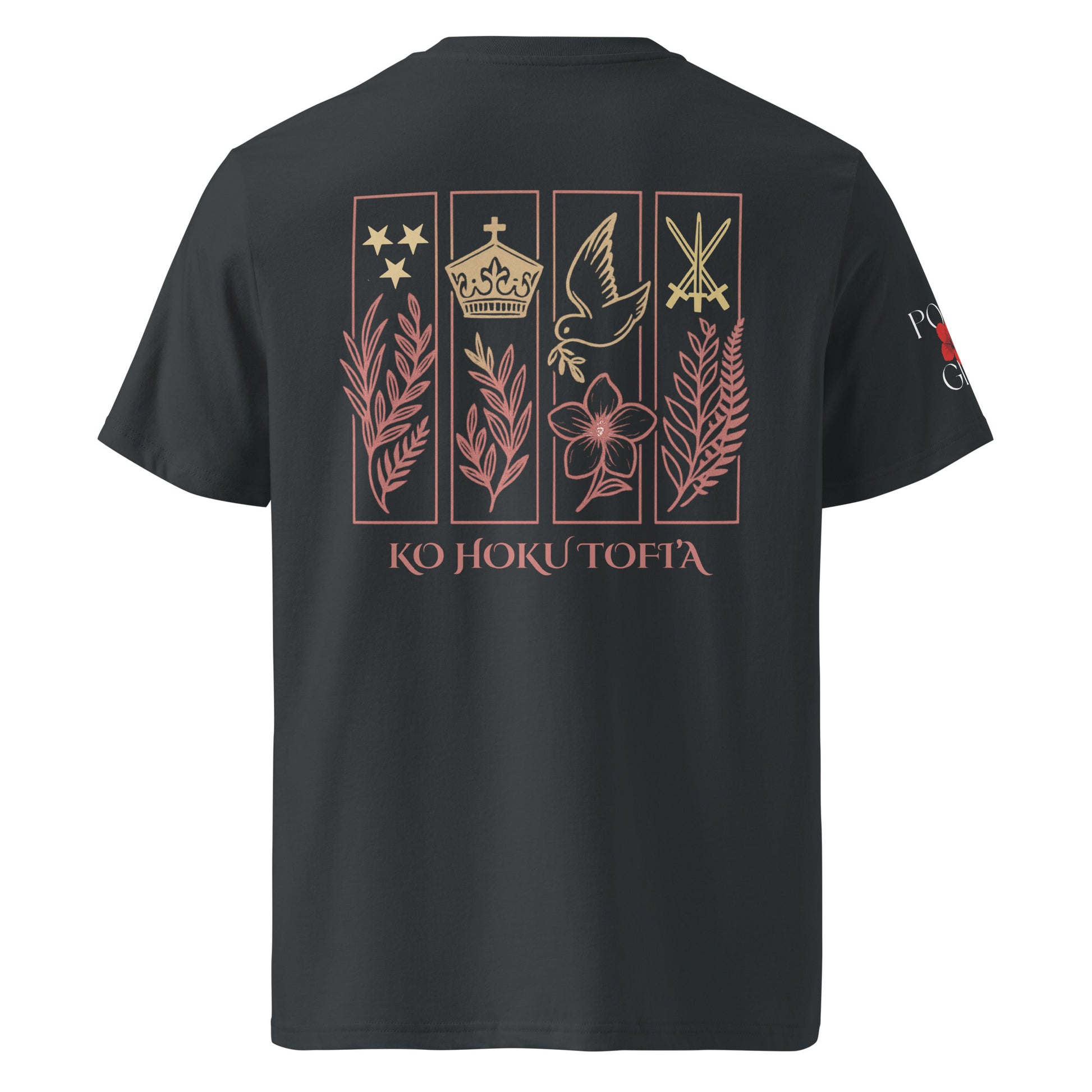 Poly Girl Ko Hoku Tofi’a heritage shirt in dark gray with gold Tongan motifs of the Tongan seal. 