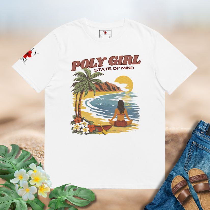 Woman meditating on a tropical beach at sunset illustrated on Poly Girl Meditative State of Mind Tee