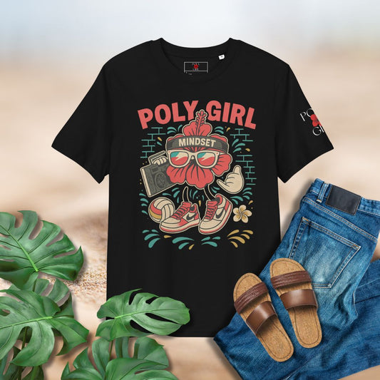 Poly Girl hibiscus character with shades and boom box on black tee
