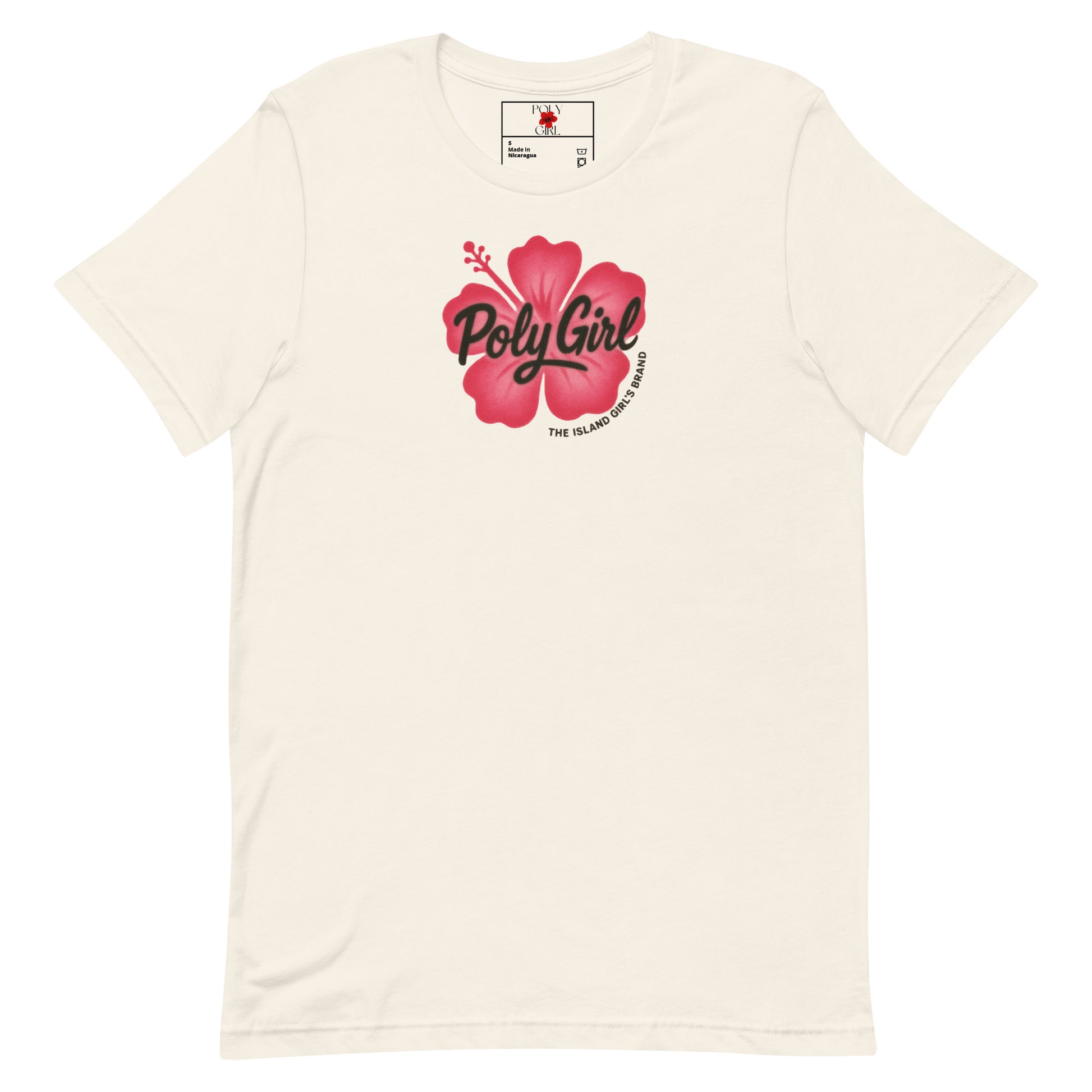 Poly Girl spray-painted hibiscus off-white tee with white lettering