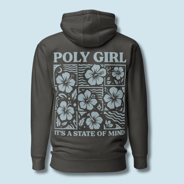 Dark gray hoodie with floral design and text on the back against a light blue background