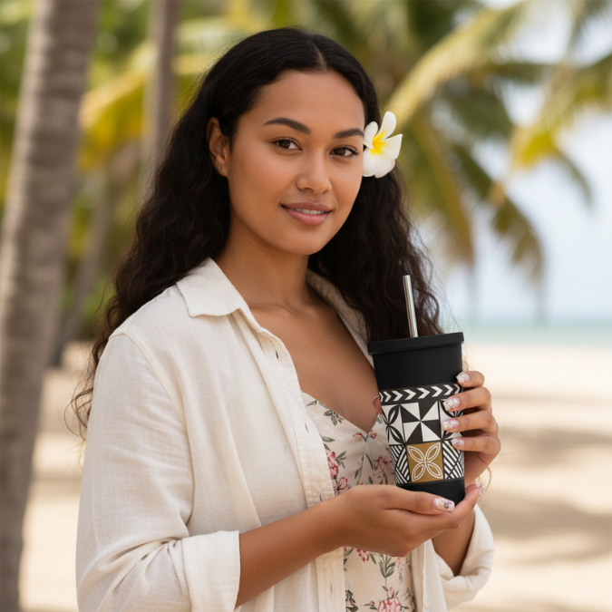 Poly Girl insulated stainless steel tumbler featuring modern tapa motifs